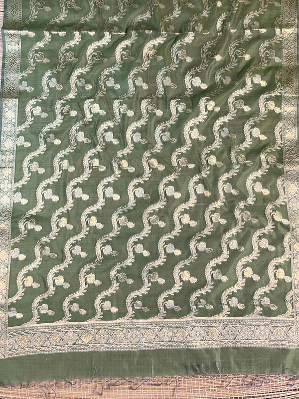 Banarasee Handwoven Salwar Kameez Cotton Silk Resham & Zari Buta Woven Fabric-Olive Green