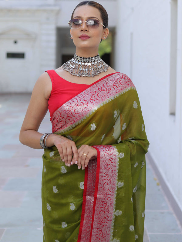 Banarasee Handwoven Semi-Chiffon Saree With Silver Zari Buti & Contrast Border-Green & Red