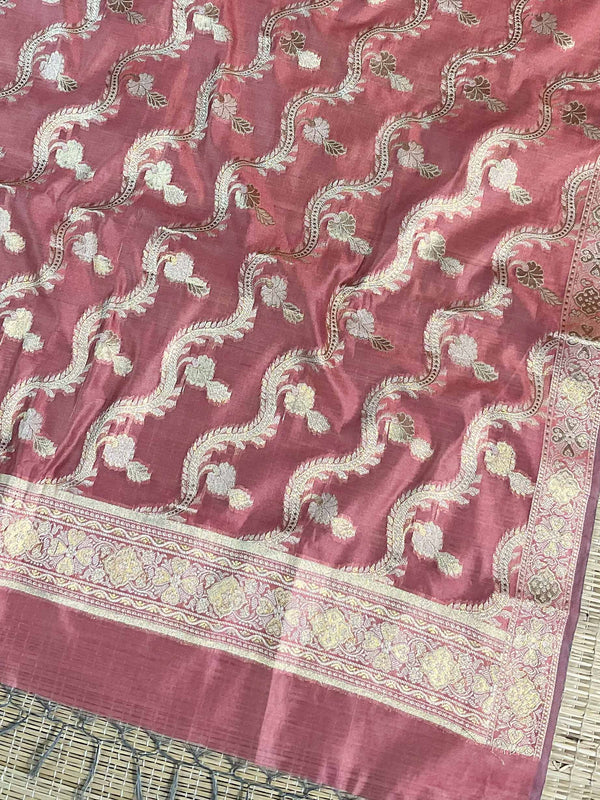 Banarasee Handwoven Salwar Kameez Cotton Silk Resham & Zari Buta Woven Fabric-Peach