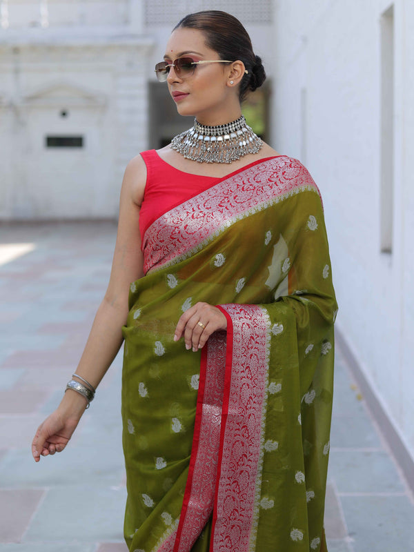 Banarasee Handwoven Semi-Chiffon Saree With Silver Zari Buti & Contrast Border-Green & Red