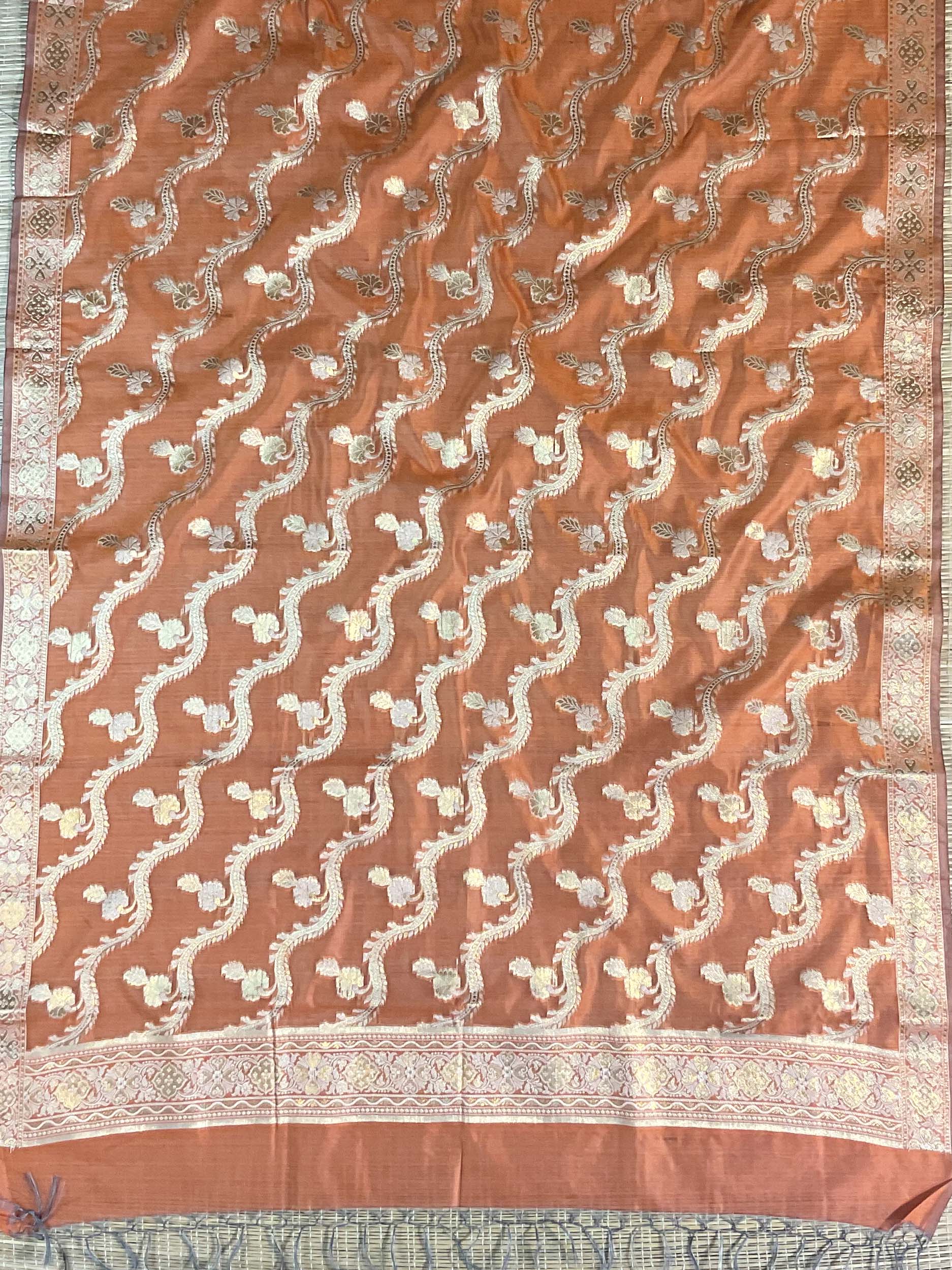 Banarasee Handwoven Salwar Kameez Cotton Silk Resham & Zari Buta Woven Fabric-Orange