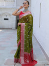 Banarasee Handwoven Semi-Chiffon Saree With Silver Zari Buti & Contrast Border-Green & Red