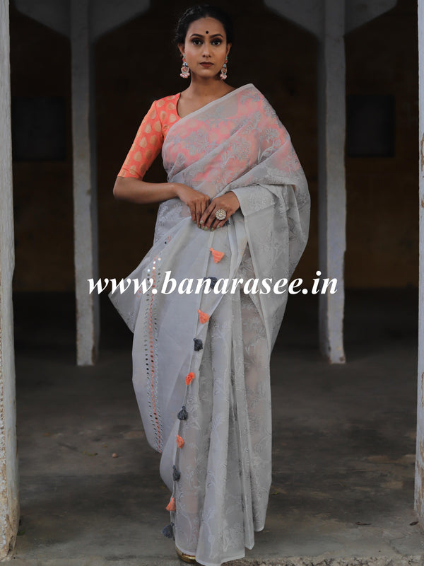 Banarasee Handwoven Organza Silk Embroidered Saree With Contrast Silk Cotton Blouse-Grey & Peach