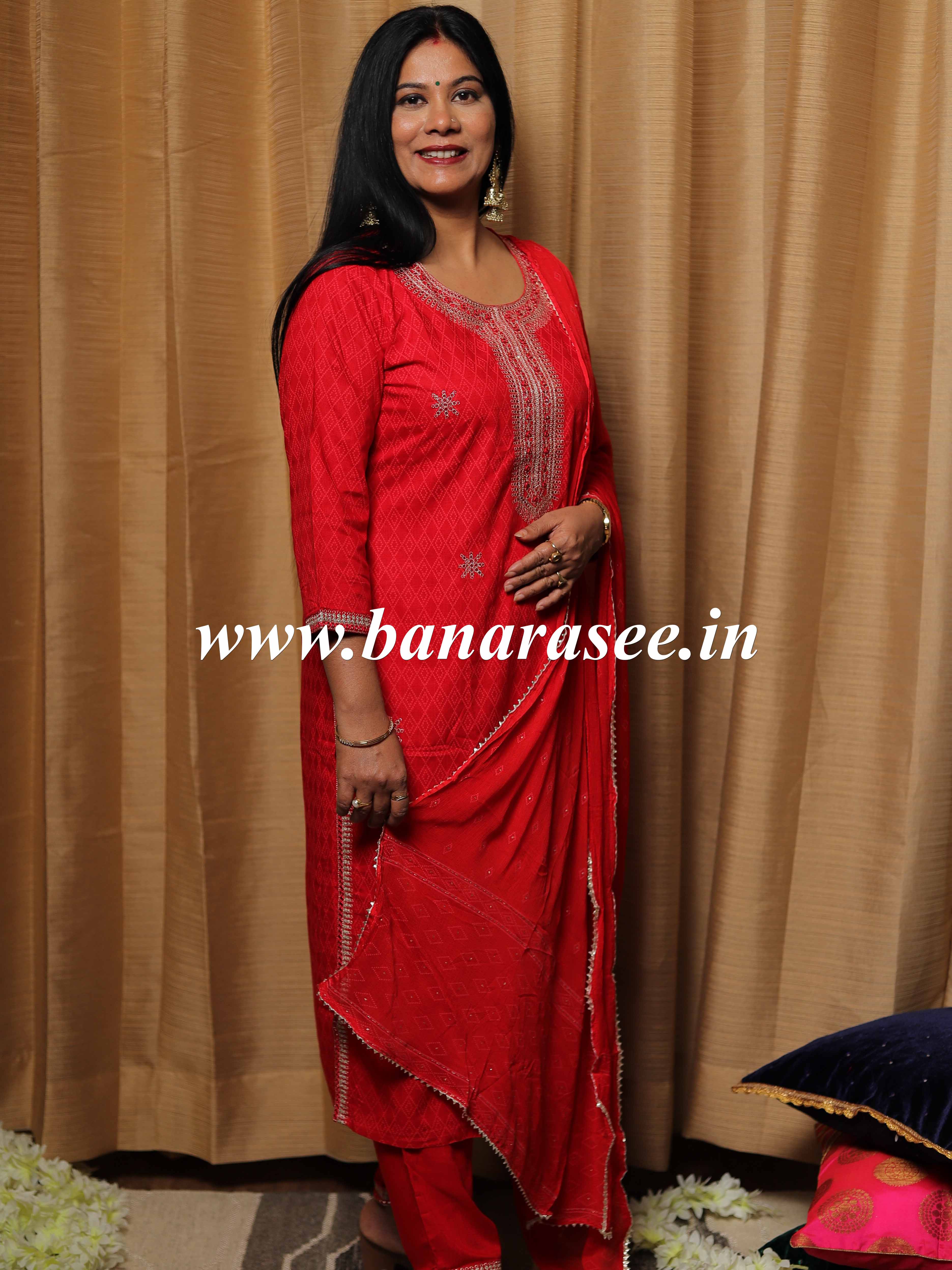 Banarasee Rayon Kurta Pants With Chiffon Dupatta Suit Set-Red
