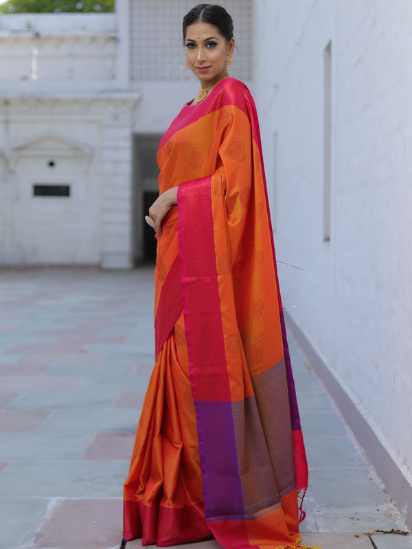 Banarasee Soft Semi Silk Saree With Contrast Border-Orange