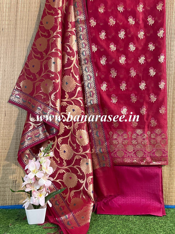 Banarasee Salwar Kameez Cotton Silk Resham & Zari Buti Woven Fabric-Red (Pink Tone)