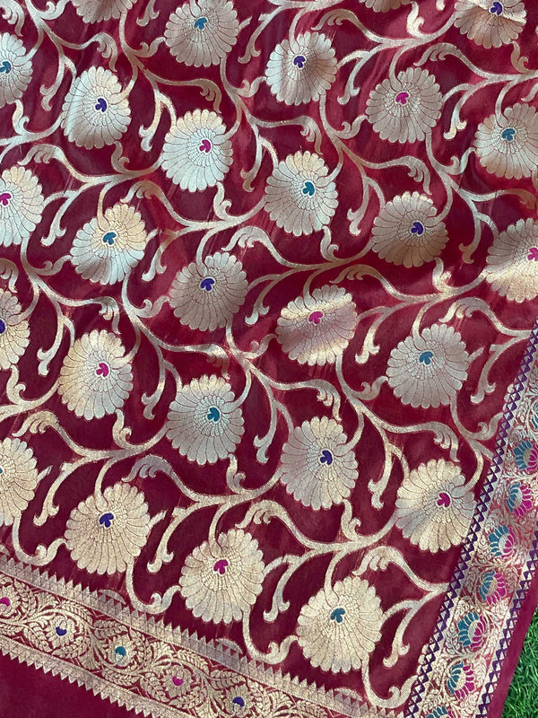 Banarasee Salwar Kameez Cotton Silk Resham & Zari Buti Woven Fabric-Red (Pink Tone)