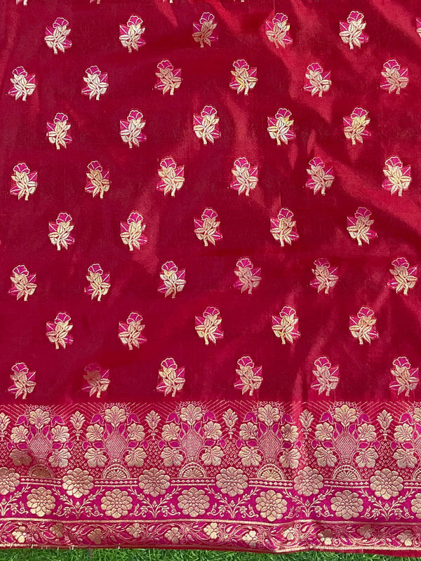 Banarasee Salwar Kameez Cotton Silk Resham & Zari Buti Woven Fabric-Red (Pink Tone)