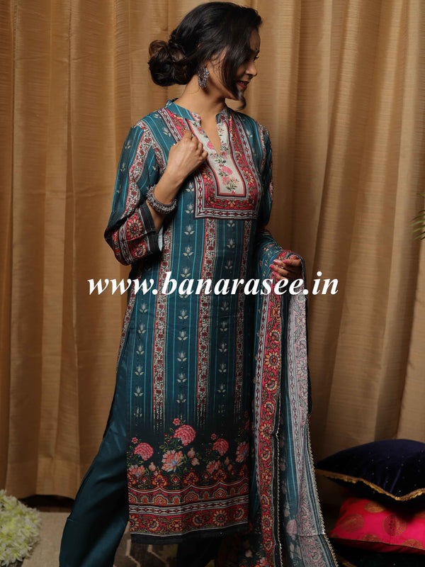 Banarasee Muslin Silk Digital Printed Kurta Pants With Dupatta Suit Set-Blue