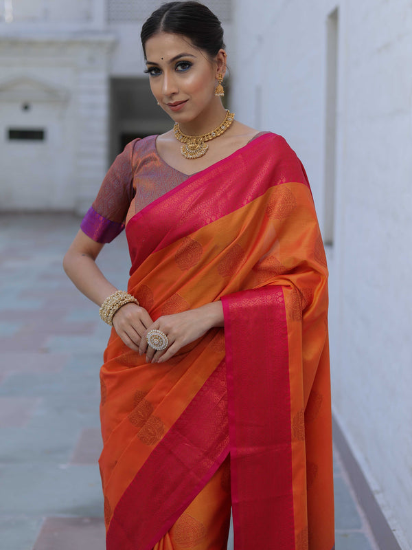 Banarasee Soft Semi Silk Saree With Contrast Border-Orange