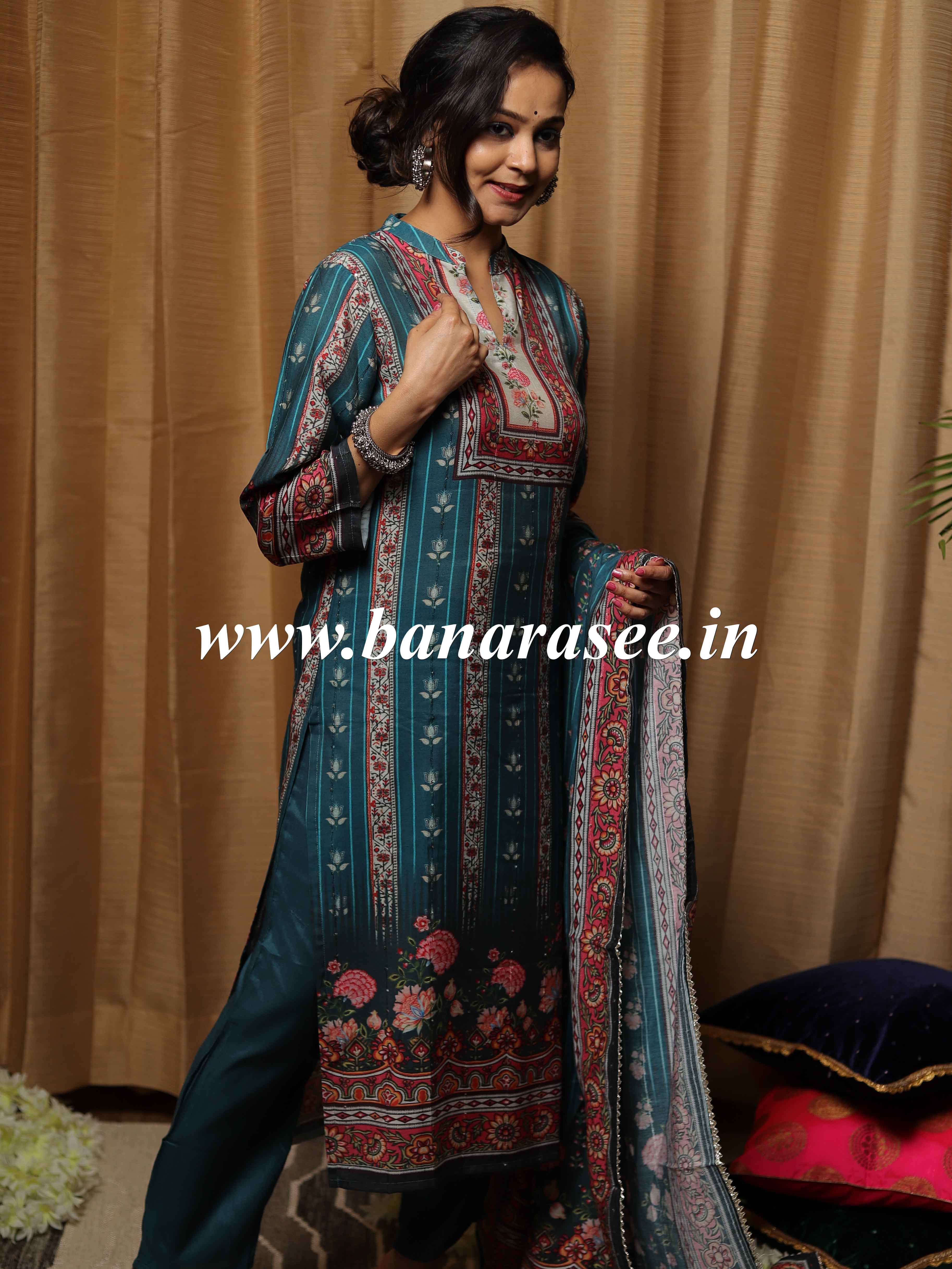 Banarasee Muslin Silk Digital Printed Kurta Pants With Dupatta Suit Set-Blue