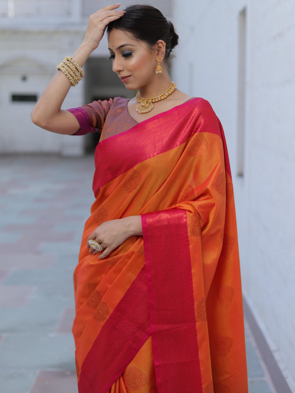 Banarasee Soft Semi Silk Saree With Contrast Border-Orange