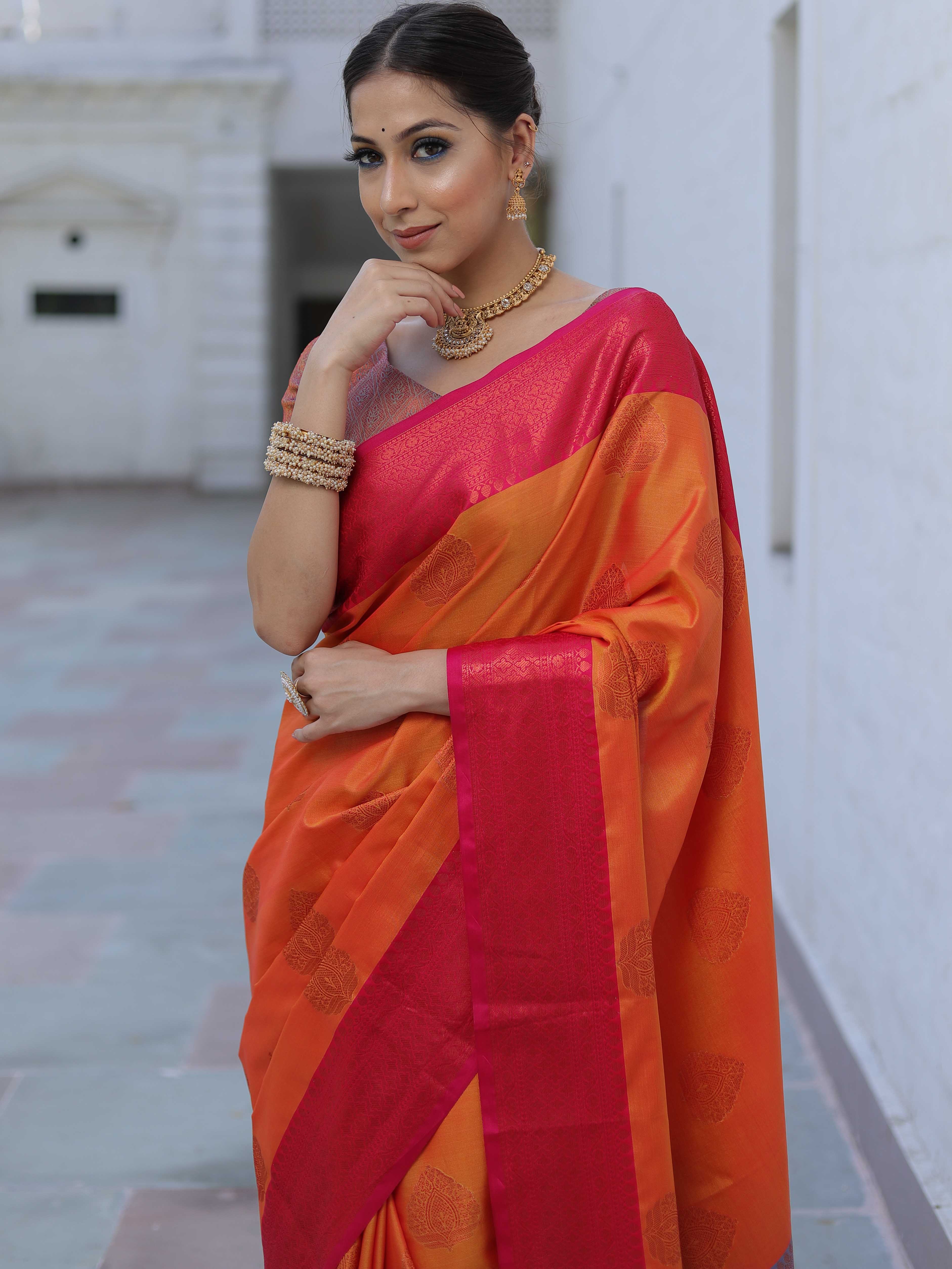Banarasee Soft Semi Silk Saree With Contrast Border-Orange