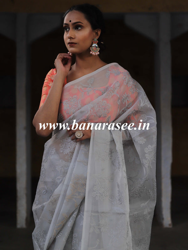 Banarasee Handwoven Organza Silk Embroidered Saree With Contrast Silk Cotton Blouse-Grey & Peach
