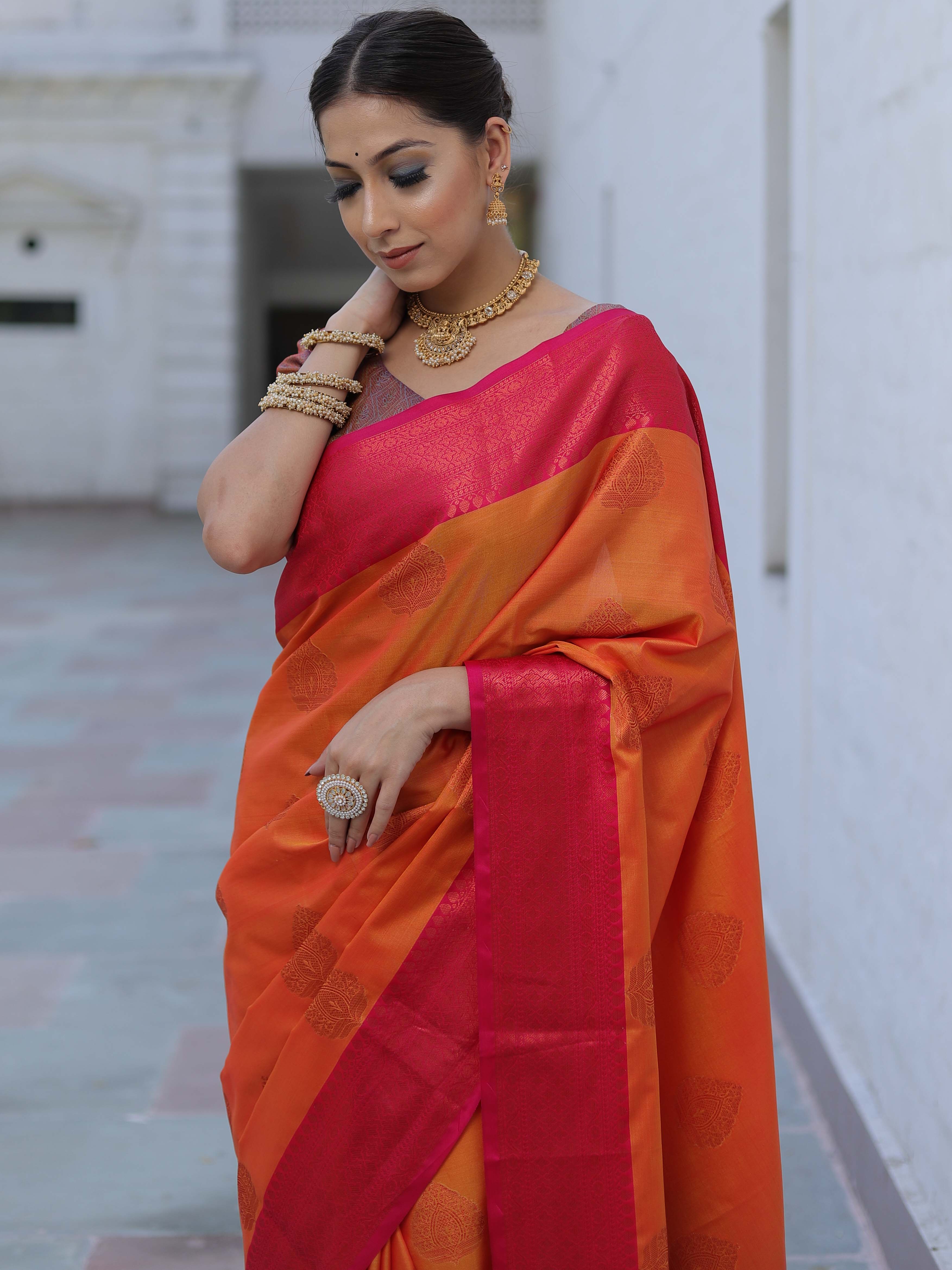 Banarasee Soft Semi Silk Saree With Contrast Border-Orange