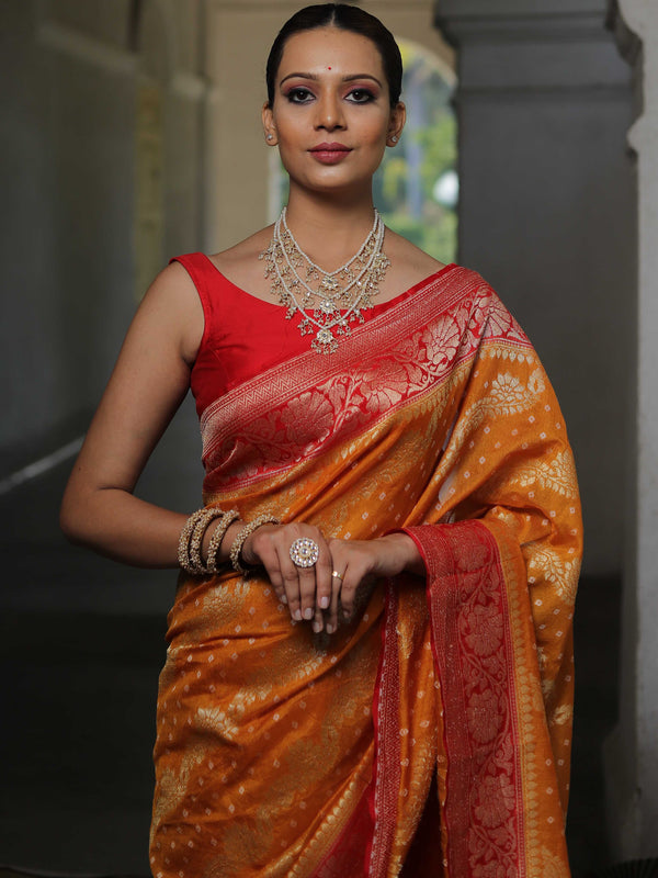 Banarasee Handwoven Semi Silk Saree With Zari Floral Border & Buti-Orange & Red