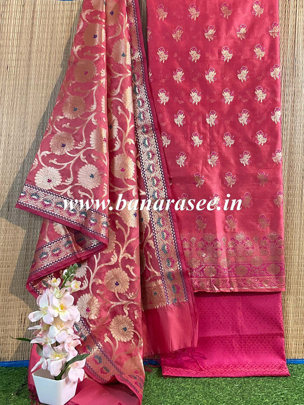 Banarasee Salwar Kameez Cotton Silk Resham & Zari Buti Woven Fabric-Pink