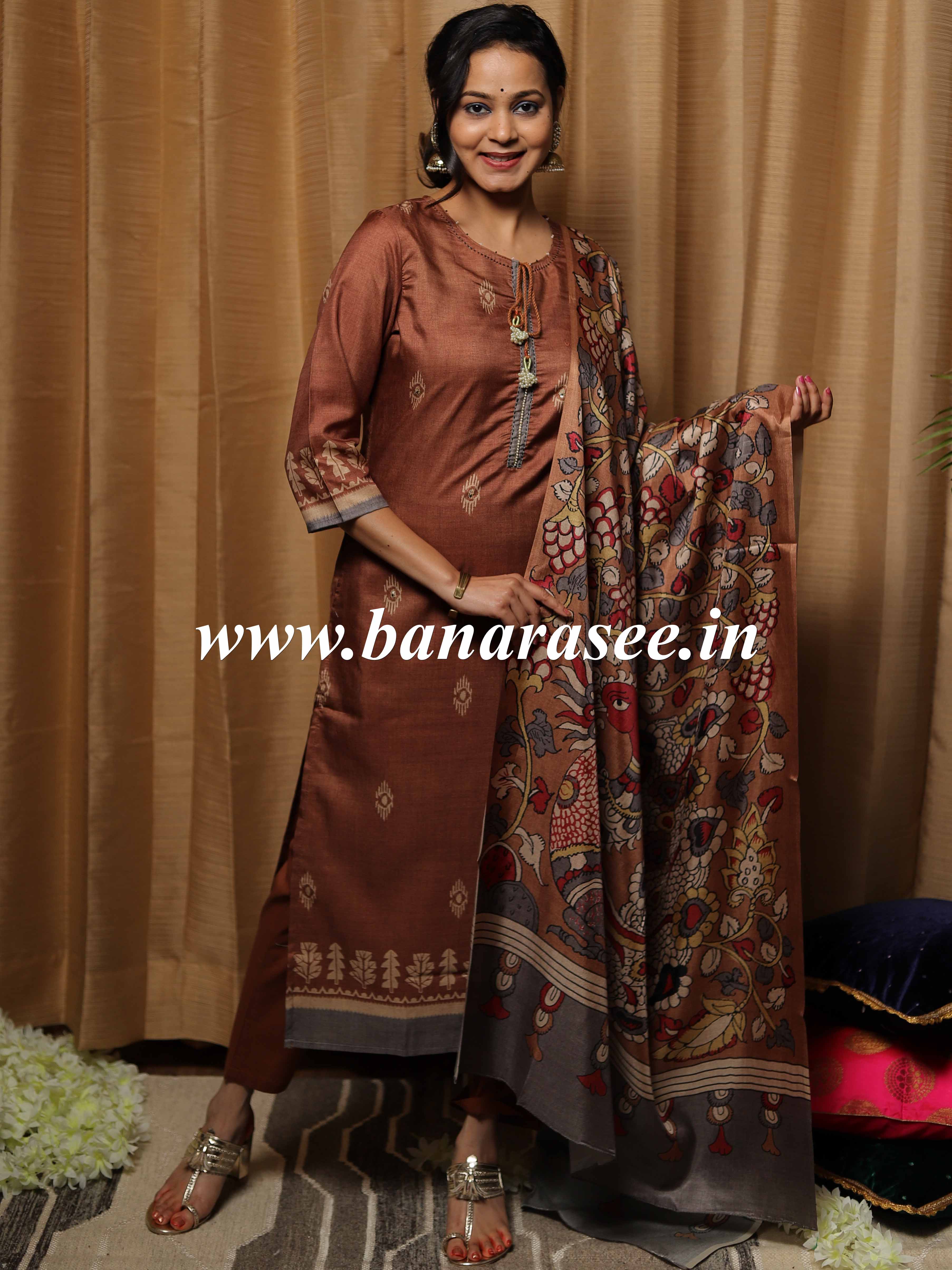 Banarasee Semi-Tussar Silk Kurta Pants With Dupatta Suit Set-Brown