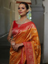 Banarasee Handwoven Semi Silk Saree With Zari Floral Border & Buti-Orange & Red