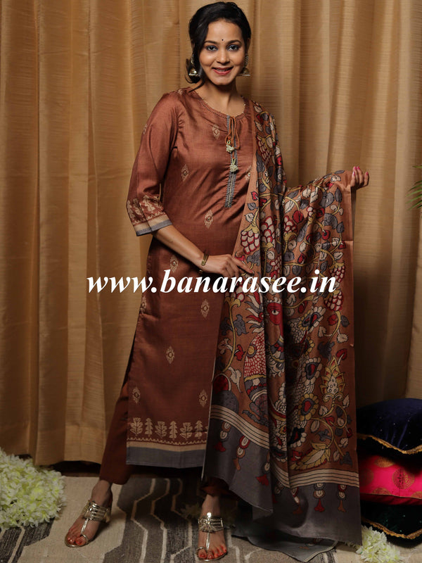 Banarasee Semi-Tussar Silk Kurta Pants With Dupatta Suit Set-Brown