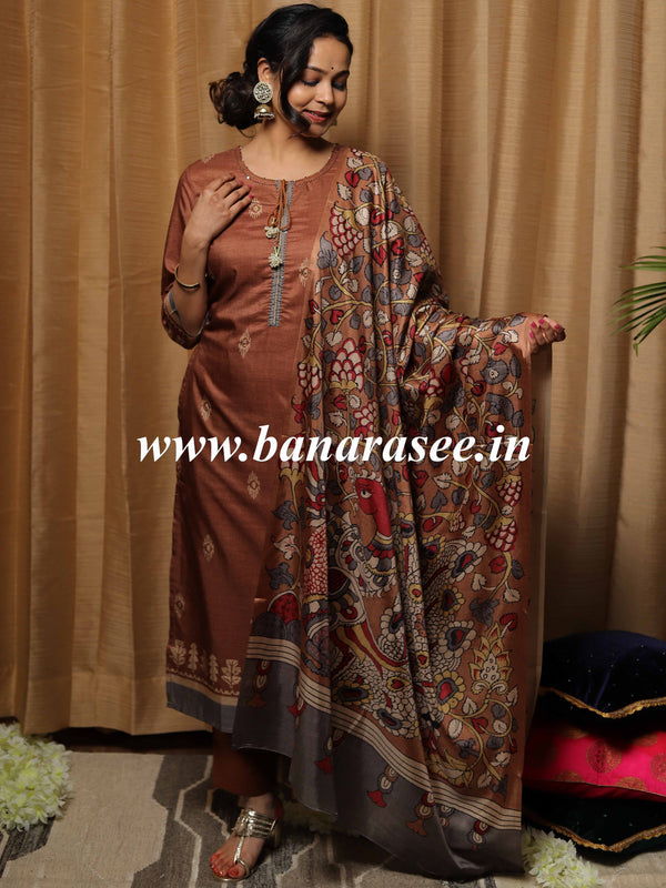 Banarasee Semi-Tussar Silk Kurta Pants With Dupatta Suit Set-Brown