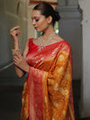 Banarasee Handwoven Semi Silk Saree With Zari Floral Border & Buti-Orange & Red