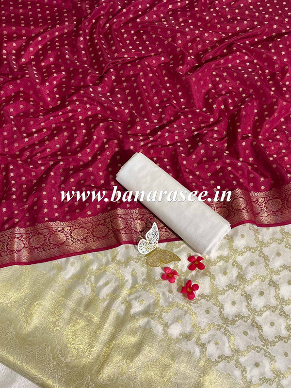 Banarasee Handwoven Semi-Silk Salwar Kameez Fabric With Zari Weaving Design-Maroon & White
