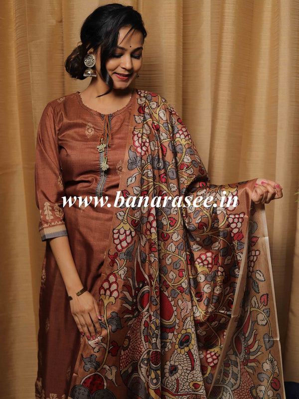 Banarasee Semi-Tussar Silk Kurta Pants With Dupatta Suit Set-Brown