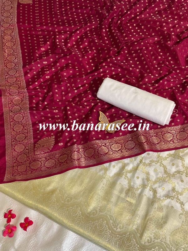 Banarasee Handwoven Semi-Silk Salwar Kameez Fabric With Zari Weaving Design-Maroon & White