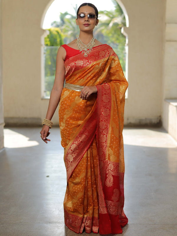 Banarasee Handwoven Semi Silk Saree With Zari Floral Border & Buti-Orange & Red