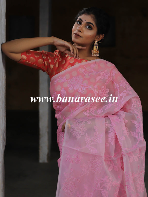 Banarasee Handwoven Organza Silk Embroidered Saree With Contrast Silk Cotton Blouse-Pink & Peach