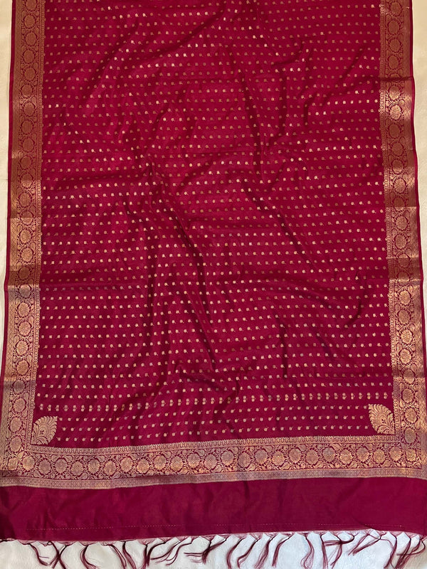 Banarasee Handwoven Semi-Silk Salwar Kameez Fabric With Zari Weaving Design-Maroon & White