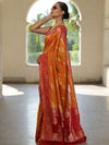 Banarasee Handwoven Semi Silk Saree With Zari Floral Border & Buti-Orange & Red