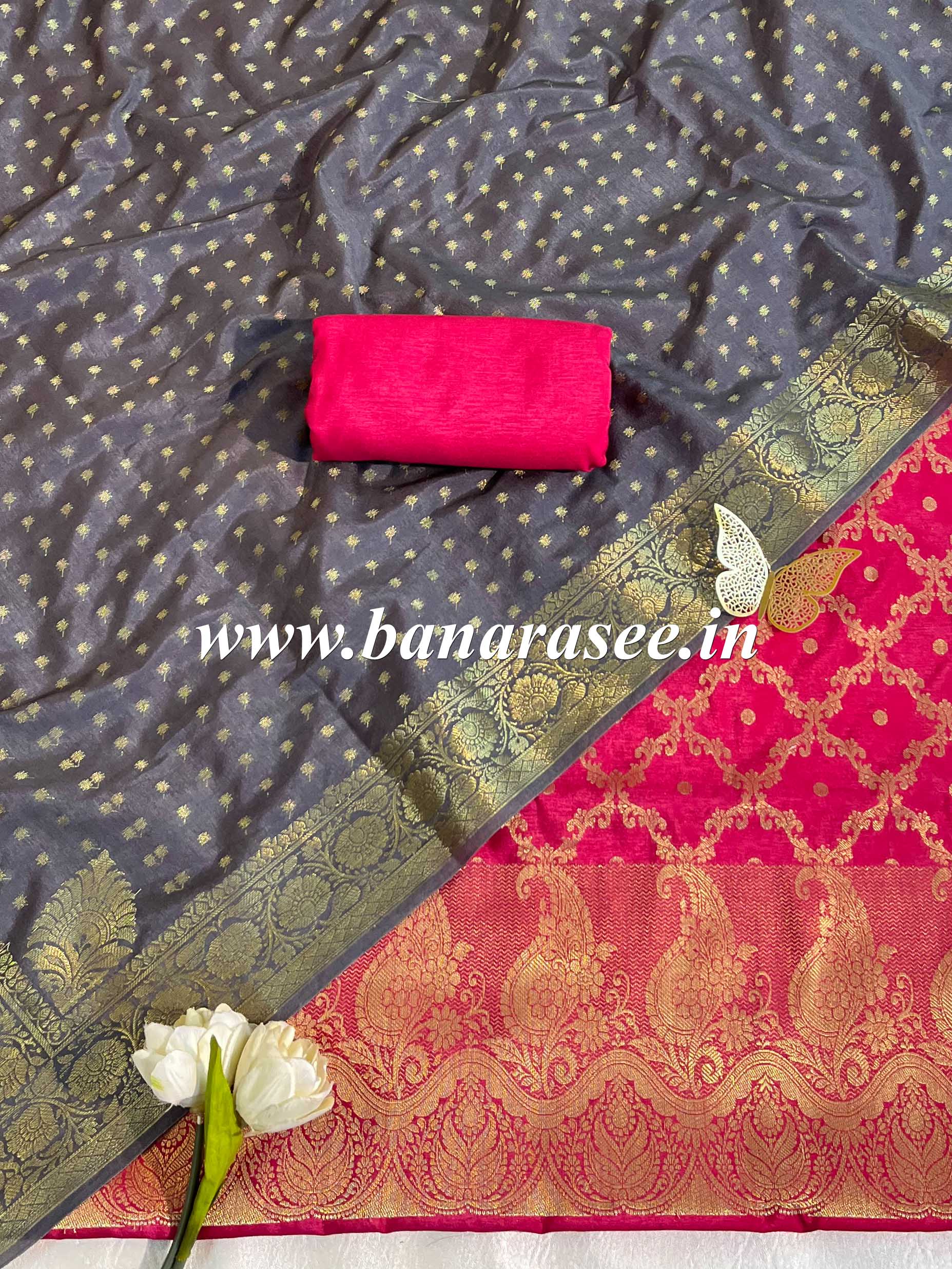 Banarasee Handwoven Semi-Silk Salwar Kameez Fabric With Zari Weaving Design-Carrot Red & Grey