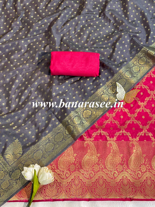 Banarasee Handwoven Semi-Silk Salwar Kameez Fabric With Zari Weaving Design-Carrot Red & Grey