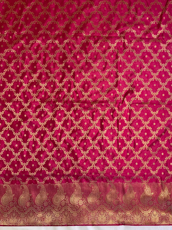 Banarasee Handwoven Semi-Silk Salwar Kameez Fabric With Zari Weaving Design-Carrot Red & Grey