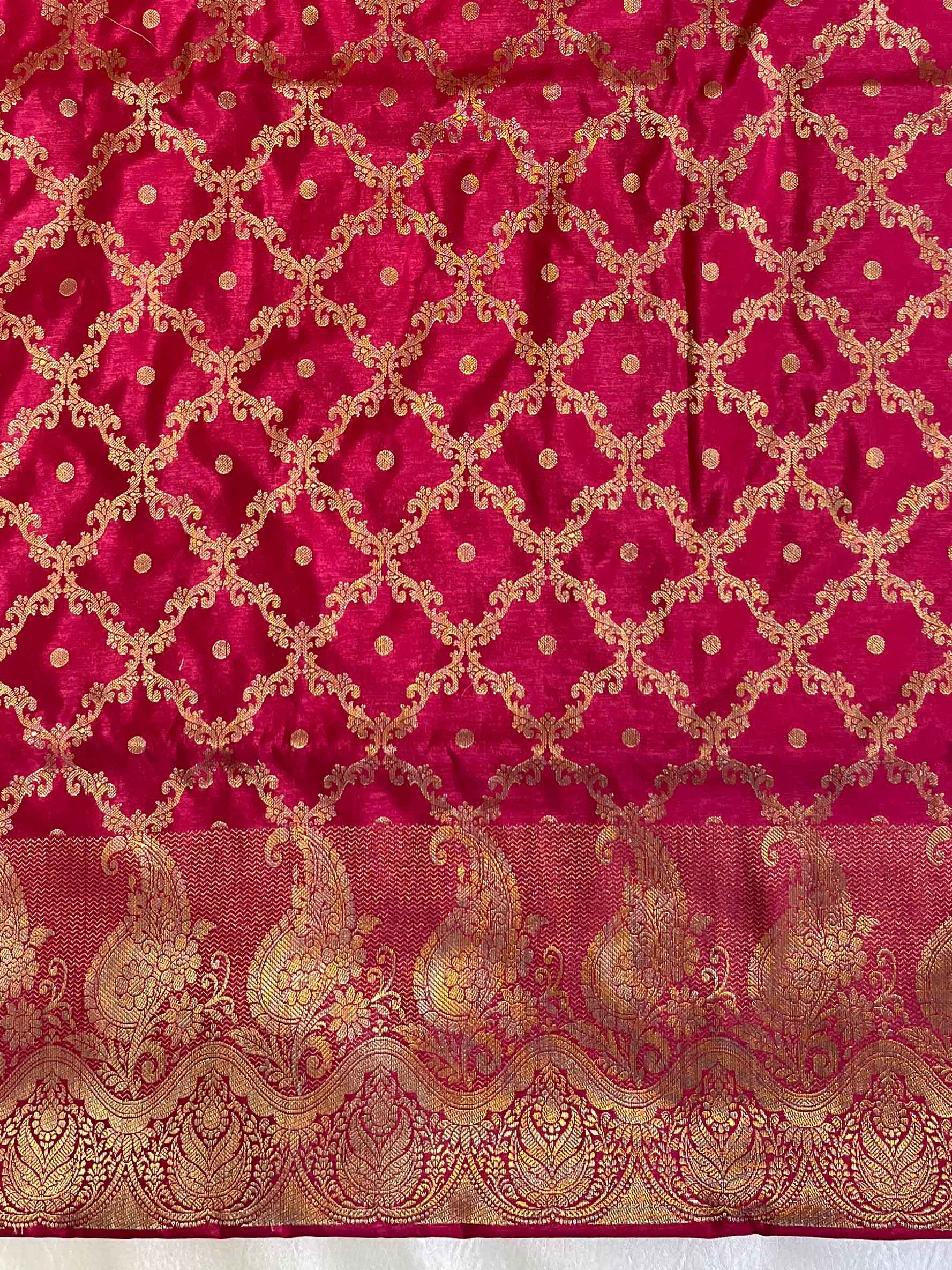Banarasee Handwoven Semi-Silk Salwar Kameez Fabric With Zari Weaving Design-Carrot Red & Grey