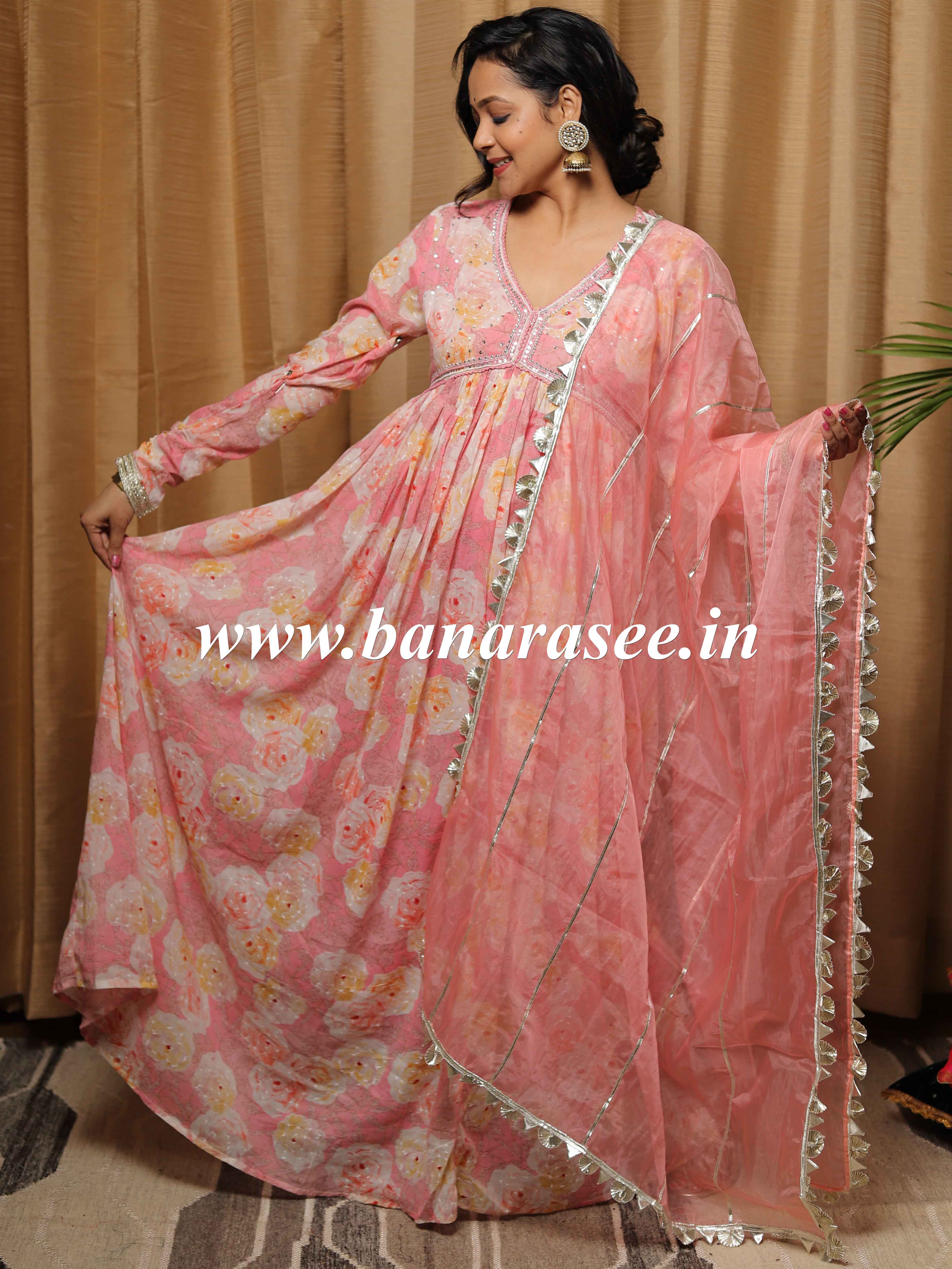 Banarasee Anarkali Floral Print Cotton Kurta With Organza Dupatta-Pink