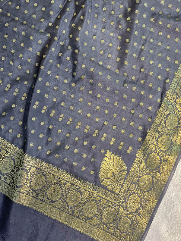 Banarasee Handwoven Semi-Silk Salwar Kameez Fabric With Zari Weaving Design-Carrot Red & Grey