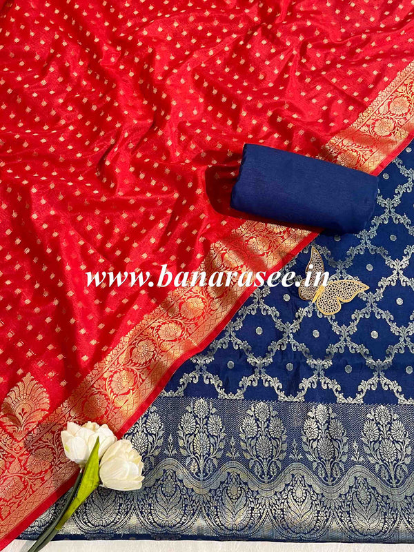 Banarasee Handwoven Semi-Silk Salwar Kameez Fabric With Zari Weaving Design-Red & Blue