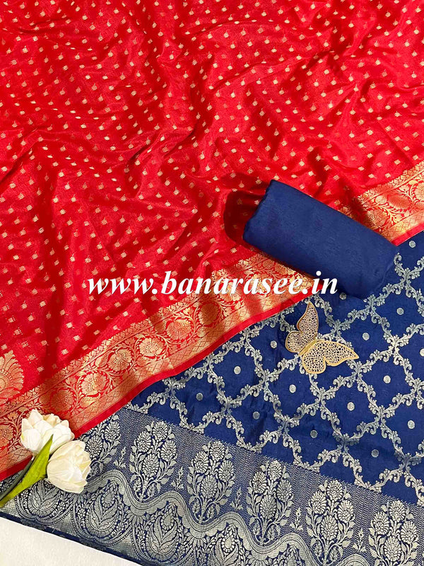 Banarasee Handwoven Semi-Silk Salwar Kameez Fabric With Zari Weaving Design-Red & Blue
