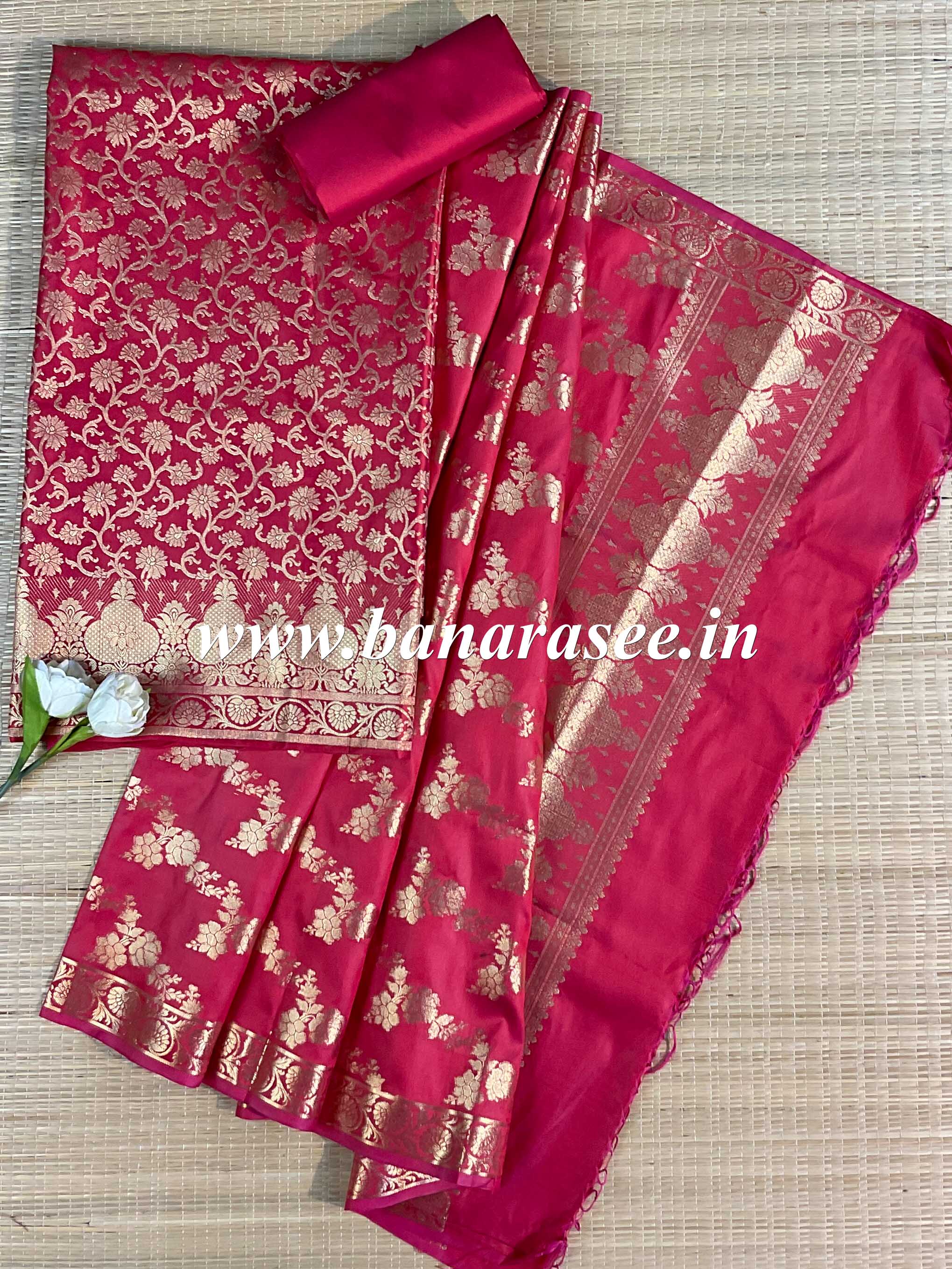 Banarasee Salwar Kameez Glossy Silk Zari Woven Fabric-Red