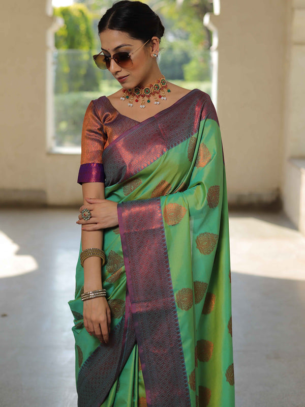 Banarasee Soft Semi Silk Saree With Contrast Border-Green