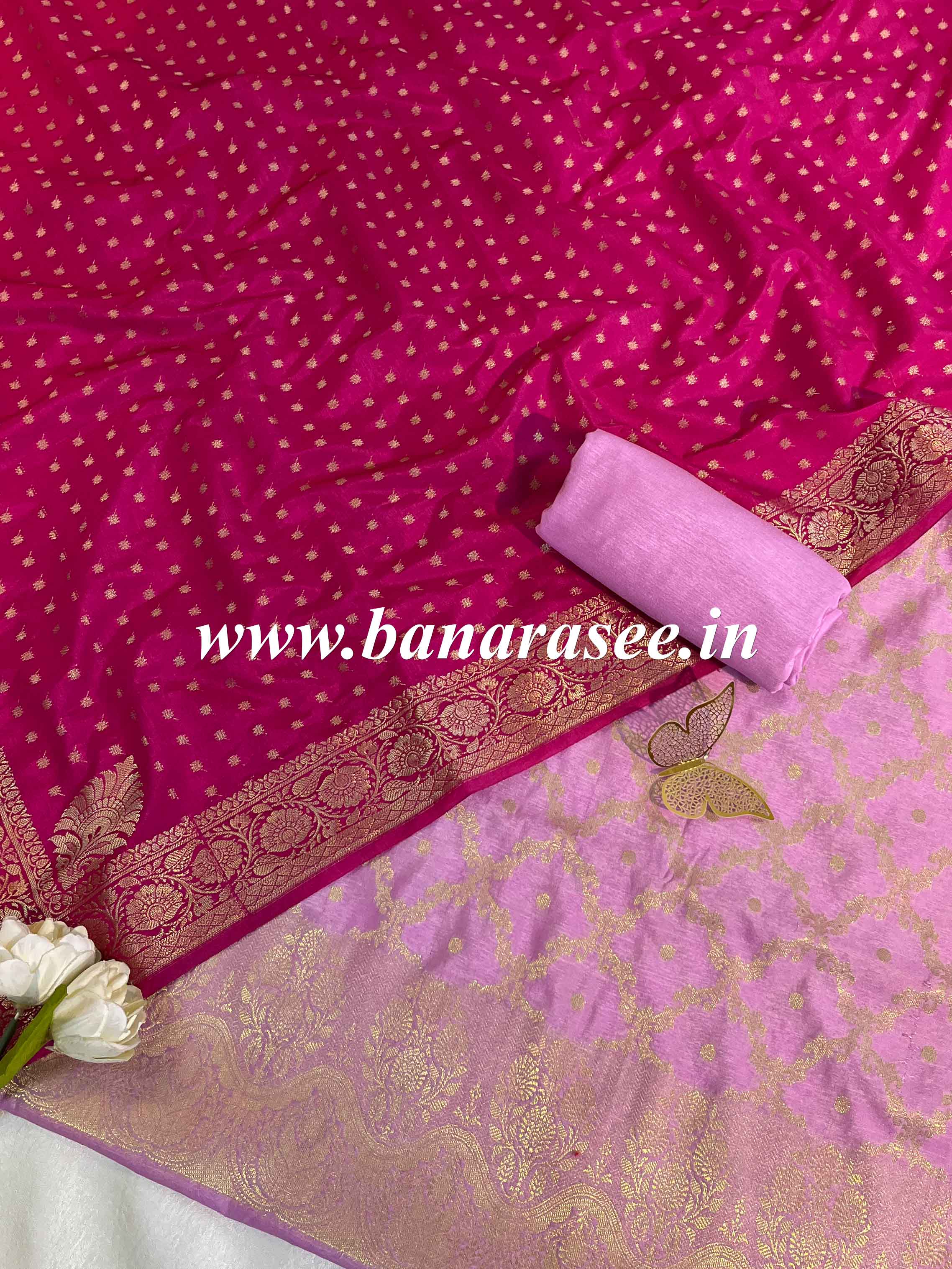 Banarasee Handwoven Semi-Silk Salwar Kameez Fabric With Zari Weaving Design-Pink & Magenta