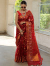 Banarasee Handwoven Zari Border Tissue Saree With Jaal Design-Red