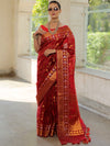 Banarasee Handwoven Zari Border Tissue Saree With Jaal Design-Red