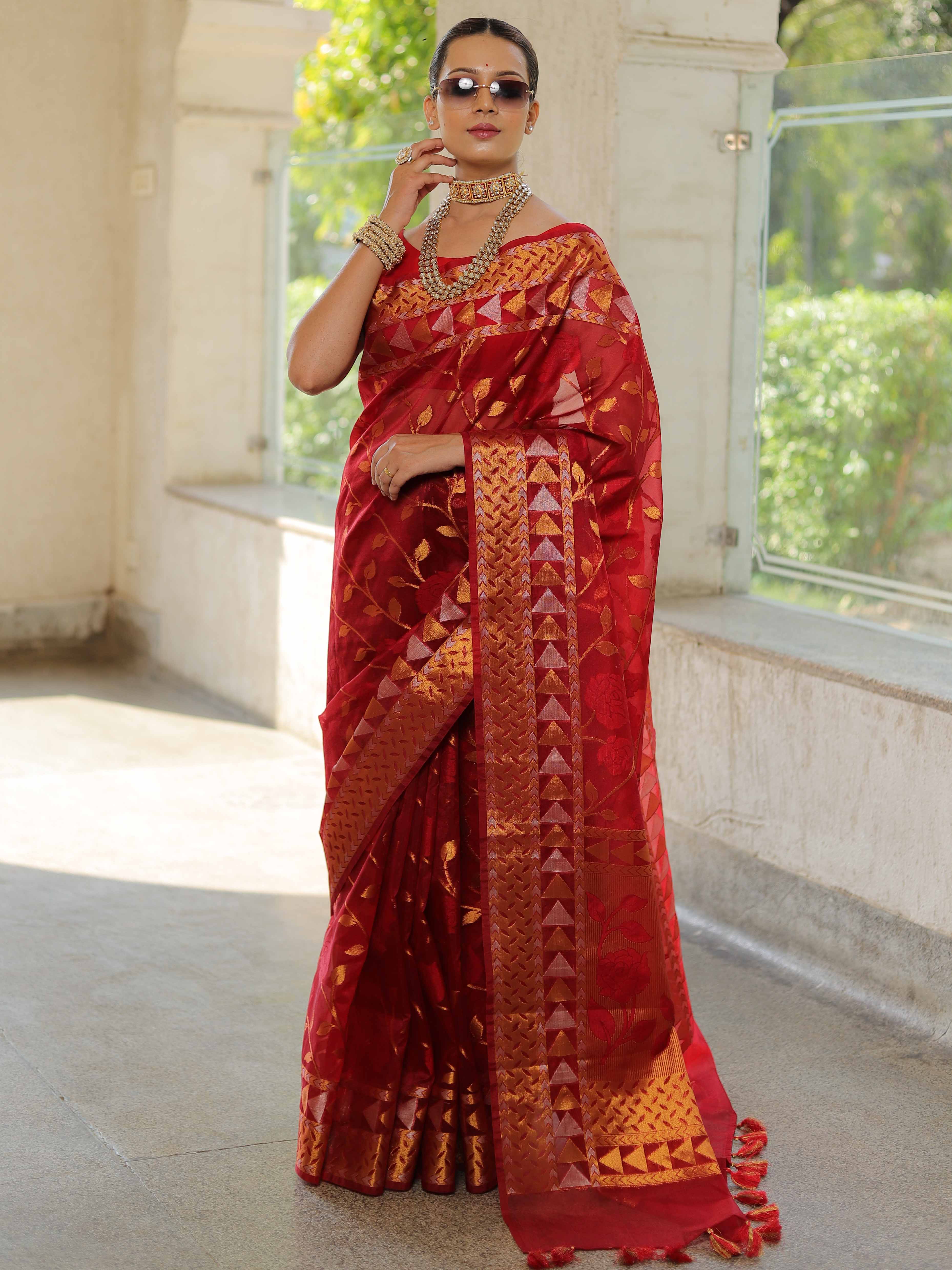 Banarasee Handwoven Zari Border Tissue Saree With Jaal Design-Red