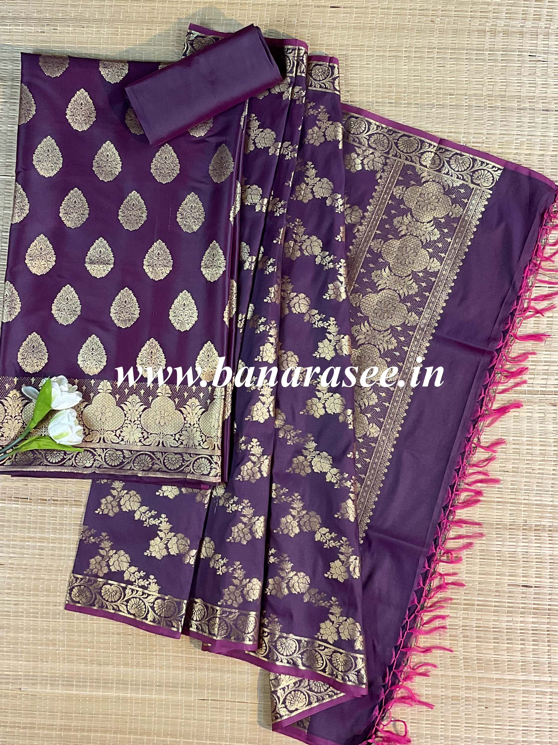 Banarasee Salwar Kameez Glossy Silk Zari Woven Fabric-Wine