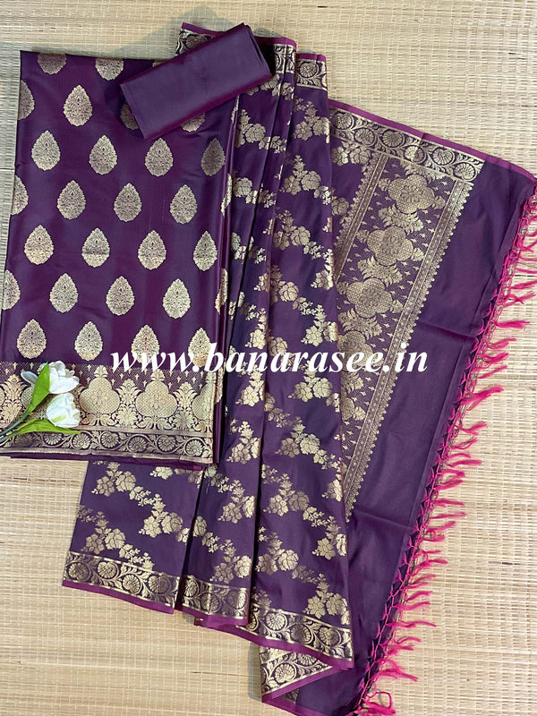 Banarasee Salwar Kameez Glossy Silk Zari Woven Fabric-Wine