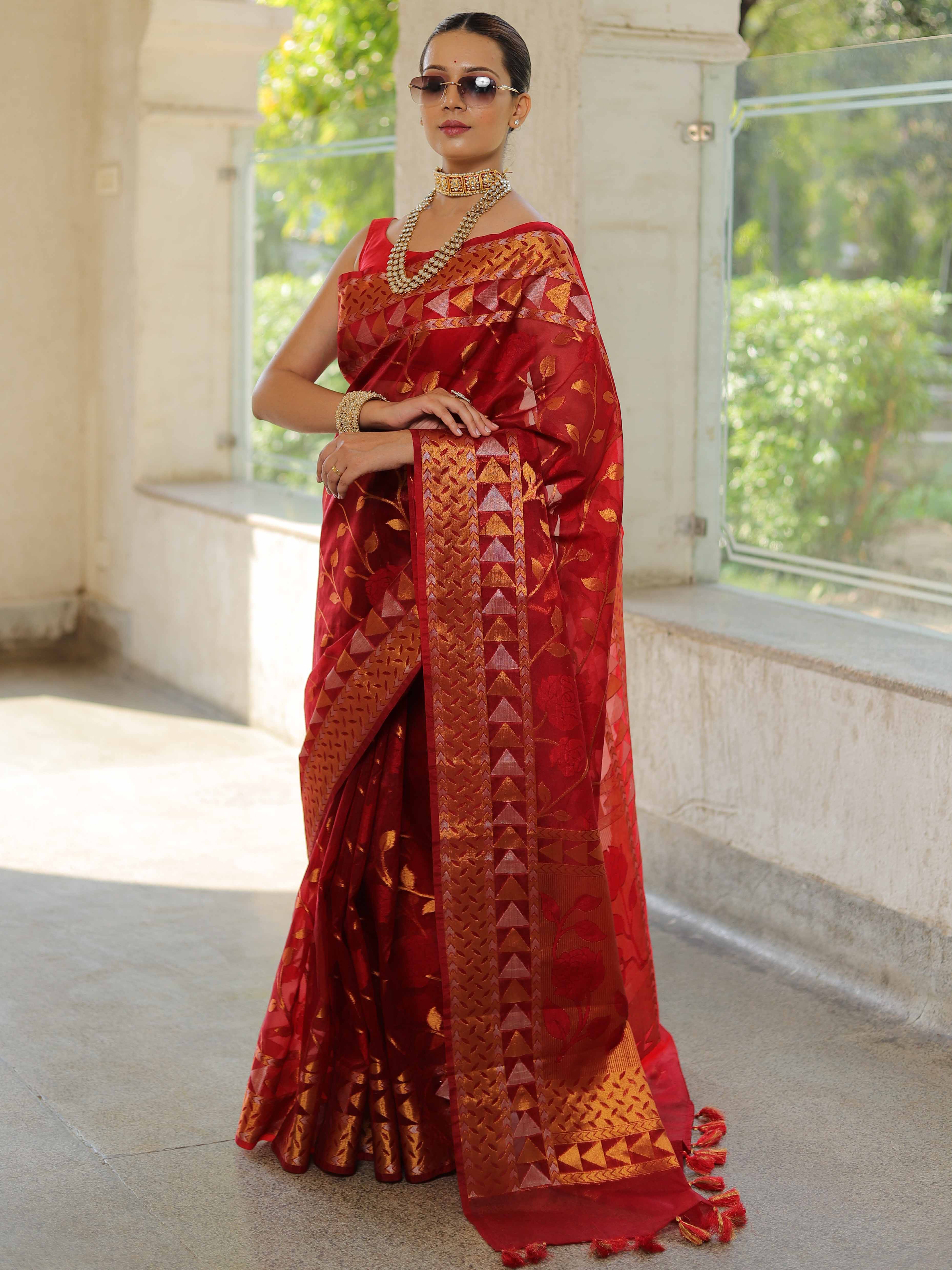 Banarasee Handwoven Zari Border Tissue Saree With Jaal Design-Red